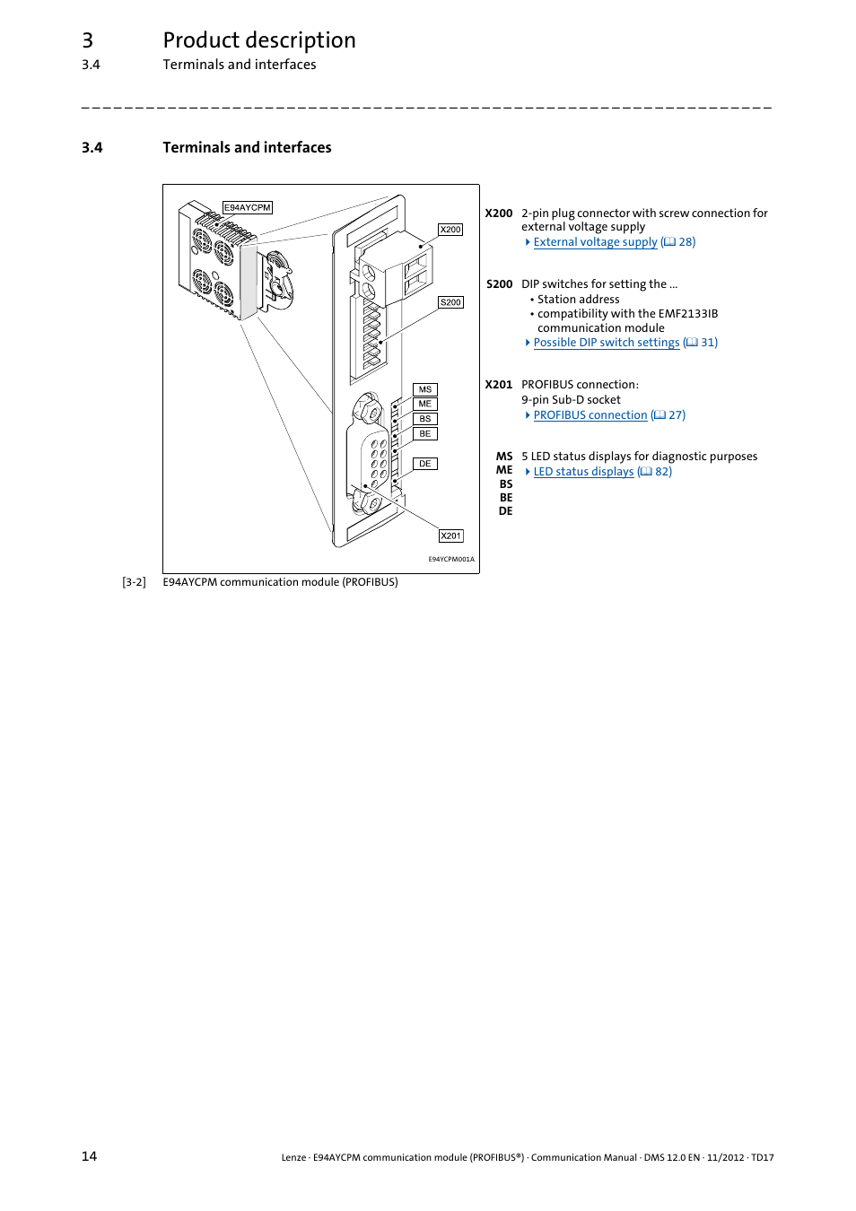 4 terminals and interfaces, Terminals and interfaces, 3product description | Lenze E94AYCPM User Manual | Page 14 / 125