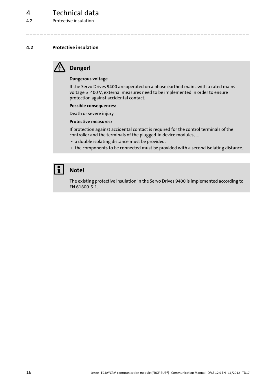 2 protective insulation, Protective insulation, 4technical data | Lenze E94AYCPM User Manual | Page 16 / 125