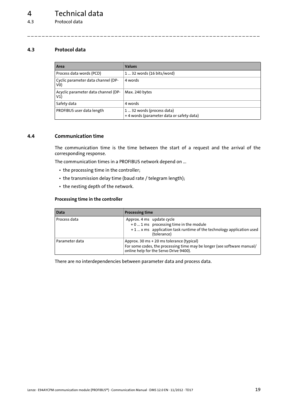 3 protocol data, 4 communication time, Protocol data | Communication time, 4technical data | Lenze E94AYCPM User Manual | Page 19 / 125