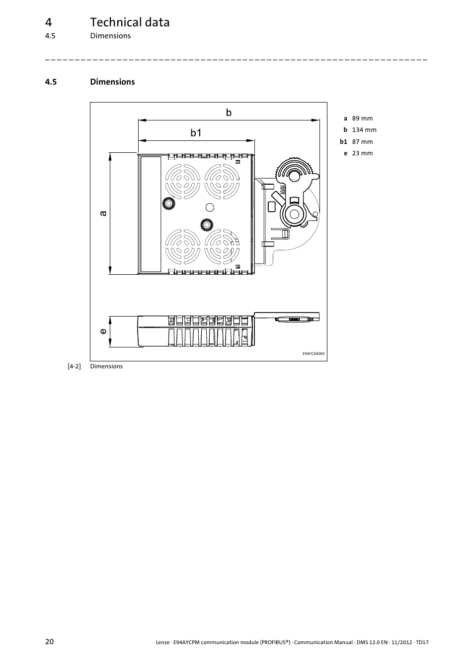 5 dimensions, Dimensions, 4technical data | Lenze E94AYCPM User Manual | Page 20 / 125