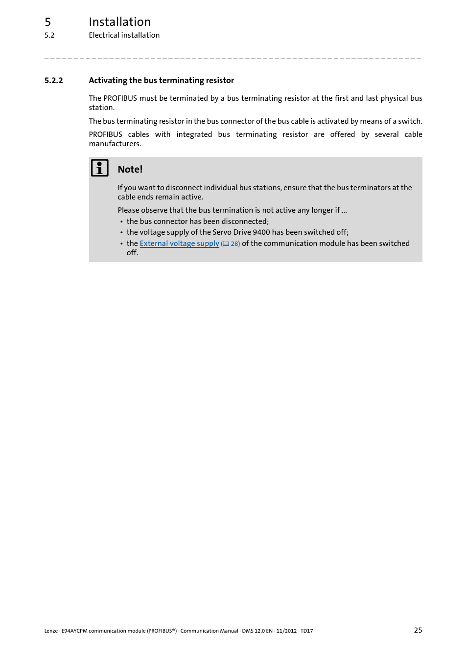 2 activating the bus terminating resistor, Activating the bus terminating resistor, 5installation | Lenze E94AYCPM User Manual | Page 25 / 125