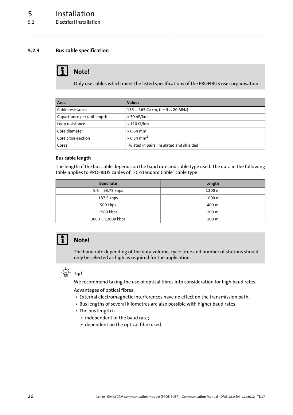 3 bus cable specification, Bus cable specification, 5installation | Lenze E94AYCPM User Manual | Page 26 / 125