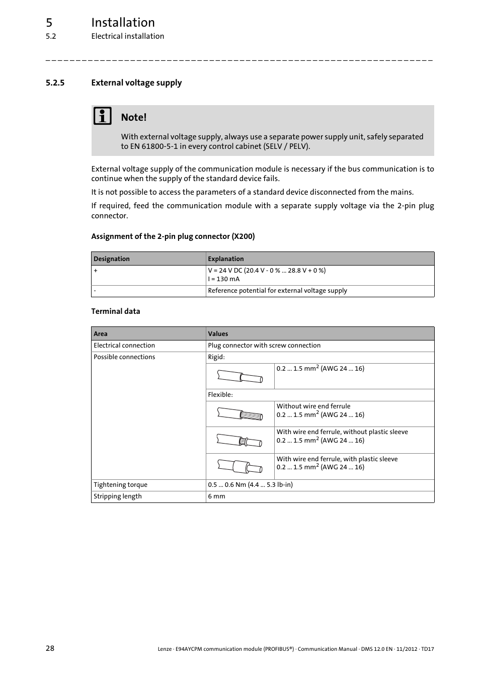 5 external voltage supply, External voltage supply, External voltage supply ( 28) | 5installation | Lenze E94AYCPM User Manual | Page 28 / 125