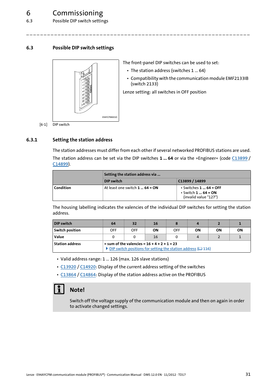 3 possible dip switch settings, 1 setting the station address, Possible dip switch settings | Setting the station address, Possible dip switch settings ( 31), 6commissioning | Lenze E94AYCPM User Manual | Page 31 / 125