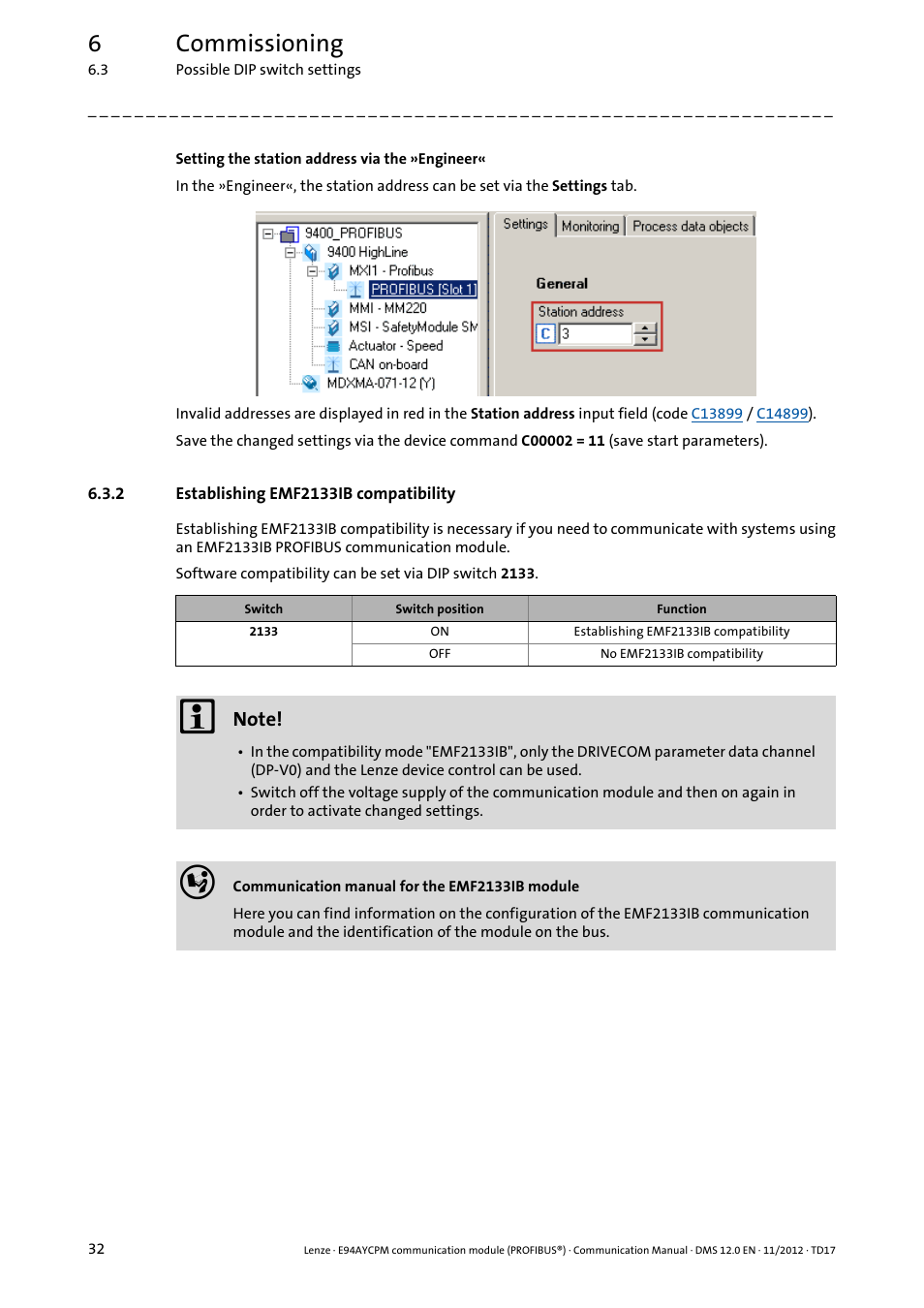 2 establishing emf2133ib compatibility, Establishing emf2133ib compatibility, 6commissioning | Lenze E94AYCPM User Manual | Page 32 / 125