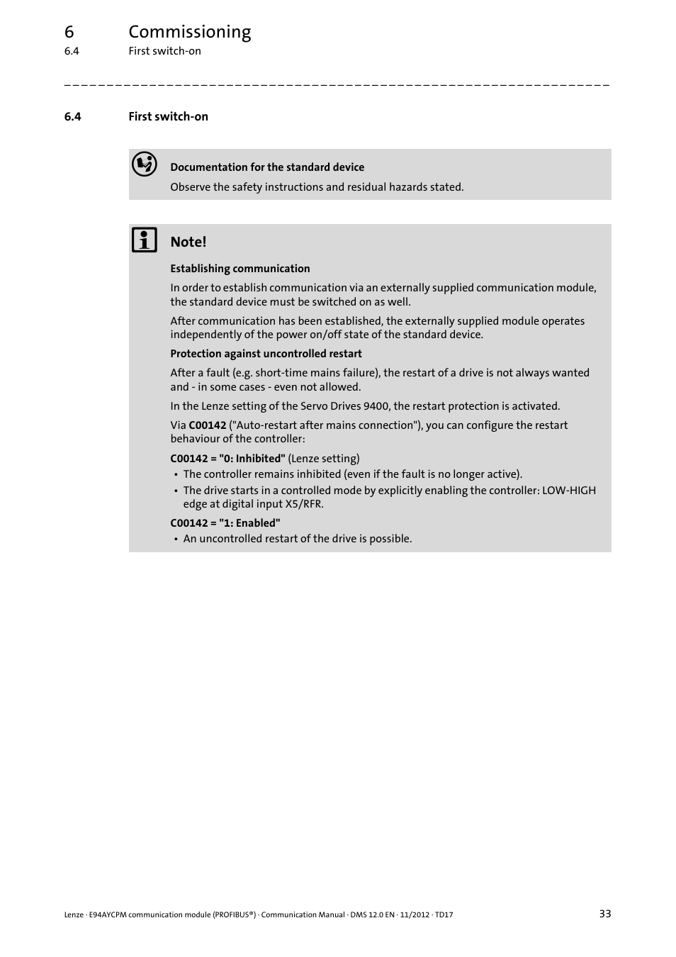 4 first switch-on, First switch-on, 6commissioning | Lenze E94AYCPM User Manual | Page 33 / 125