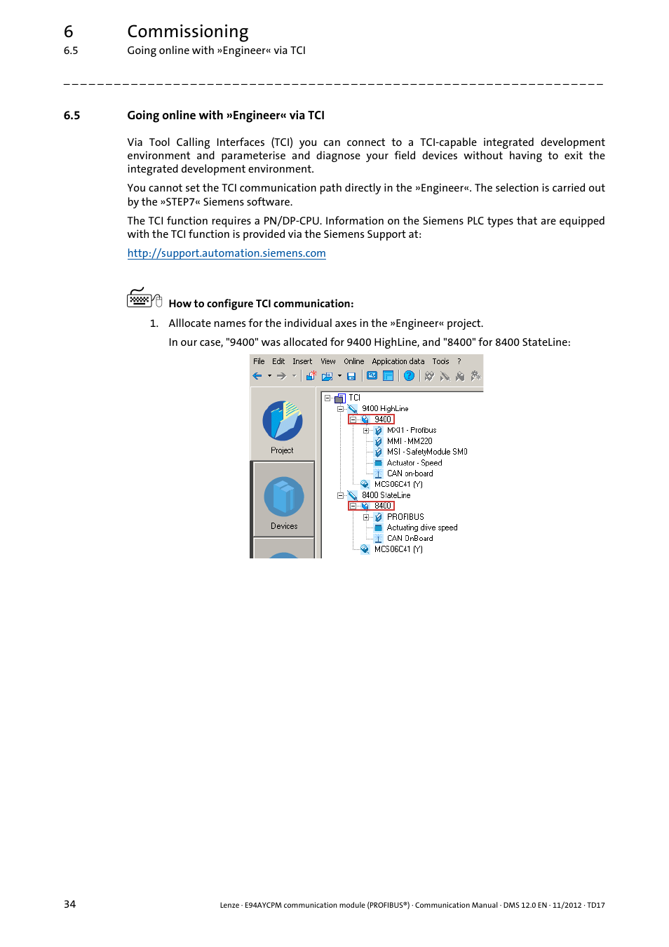 5 going online with »engineer« via tci, Going online with »engineer« via tci, 6commissioning | Lenze E94AYCPM User Manual | Page 34 / 125