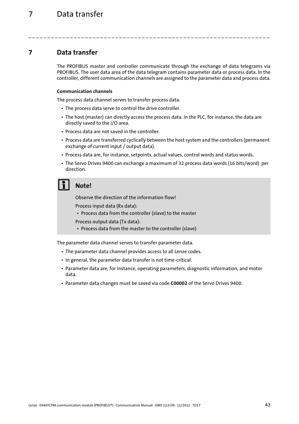 7 data transfer, Data transfer, 7data transfer | Lenze E94AYCPM User Manual | Page 43 / 125