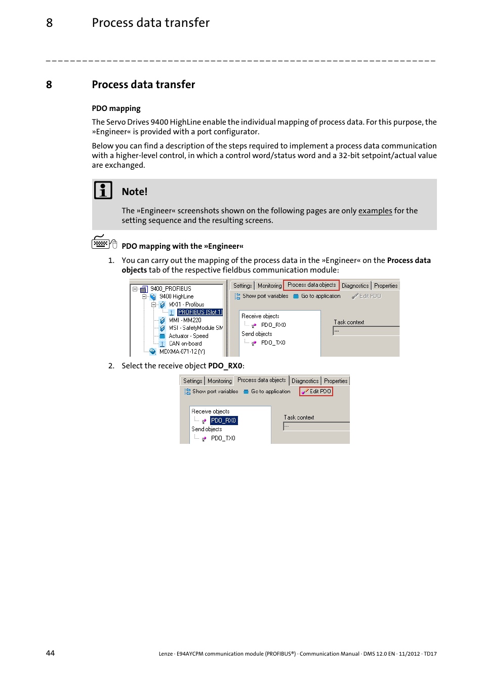 8 process data transfer, Process data transfer, 8process data transfer | Lenze E94AYCPM User Manual | Page 44 / 125