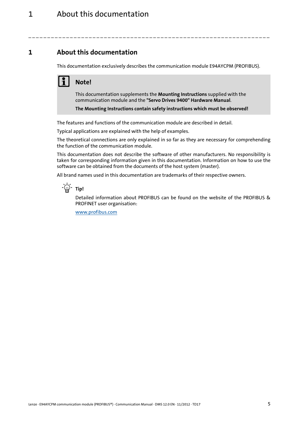 1 about this documentation, About this documentation, 1about this documentation | Lenze E94AYCPM User Manual | Page 5 / 125