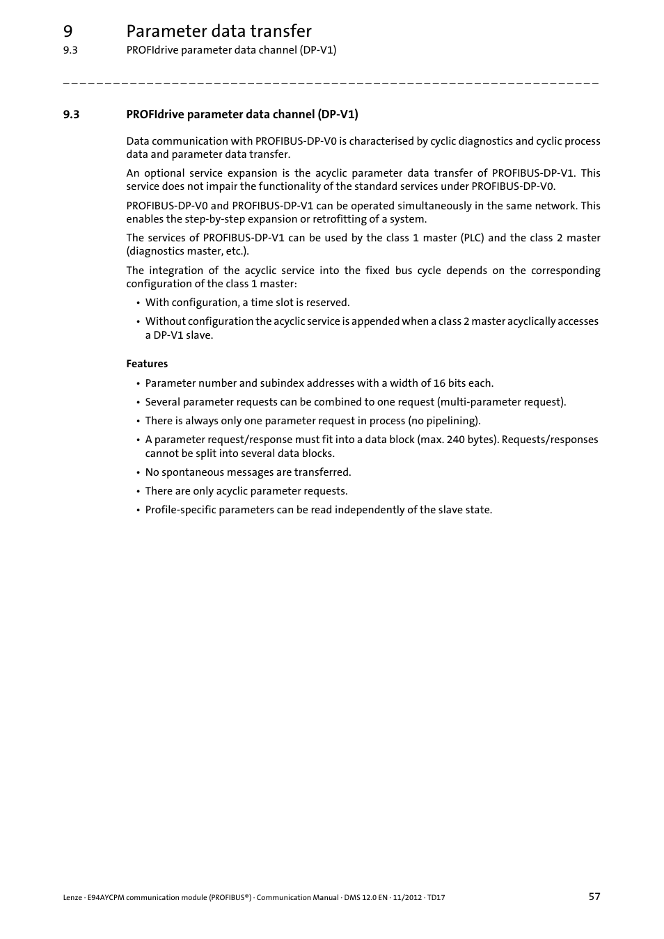 3 profidrive parameter data channel (dp-v1), Profidrive parameter data channel (dp-v1), 9parameter data transfer | Lenze E94AYCPM User Manual | Page 57 / 125
