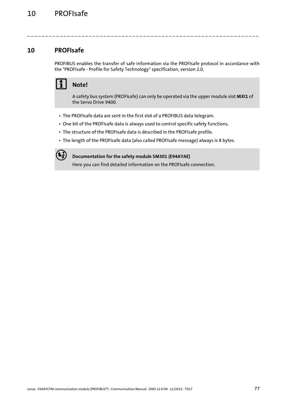 10 profisafe, Profisafe | Lenze E94AYCPM User Manual | Page 77 / 125