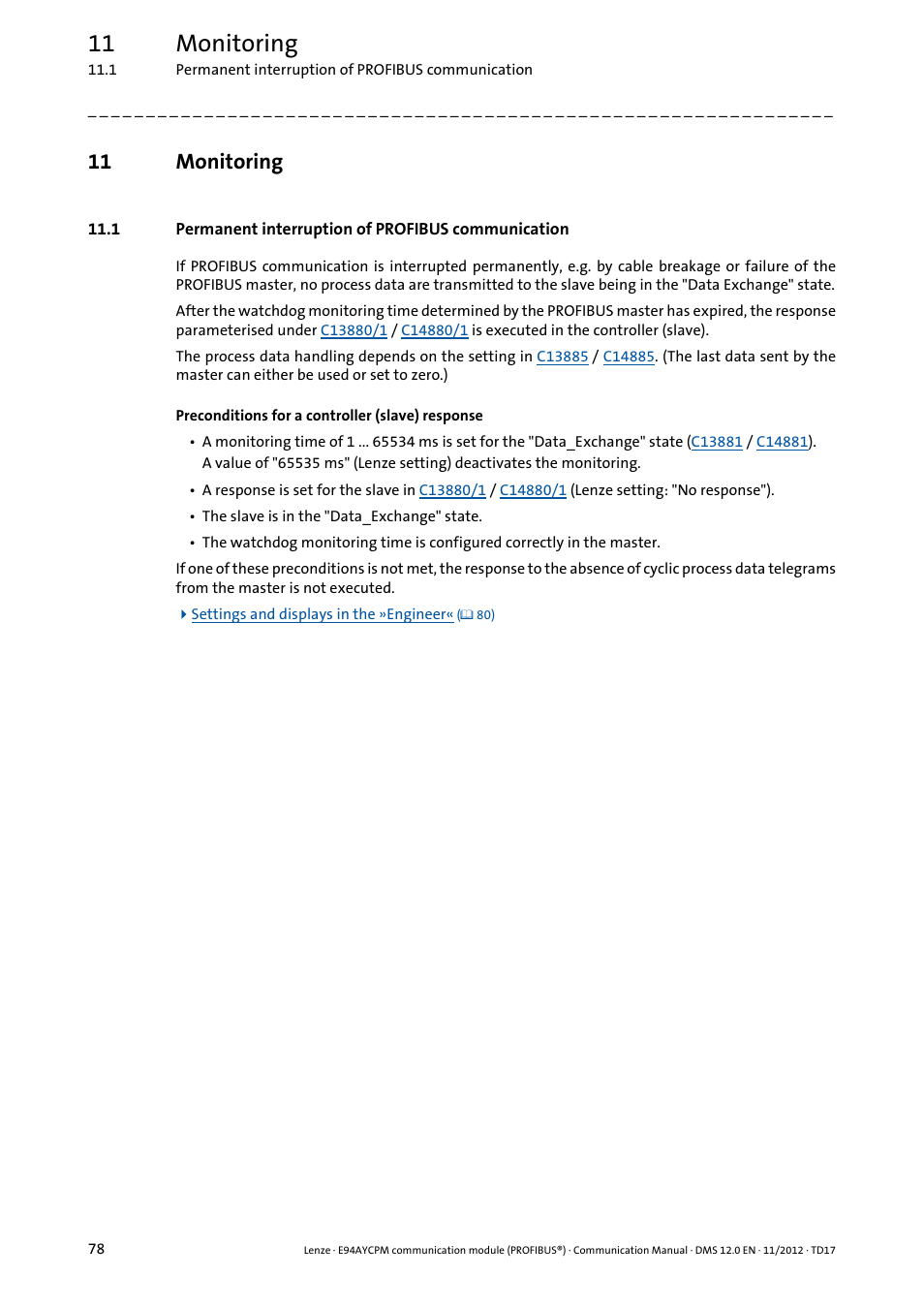 11 monitoring, 1 permanent interruption of profibus communication, Monitoring | Lenze E94AYCPM User Manual | Page 78 / 125