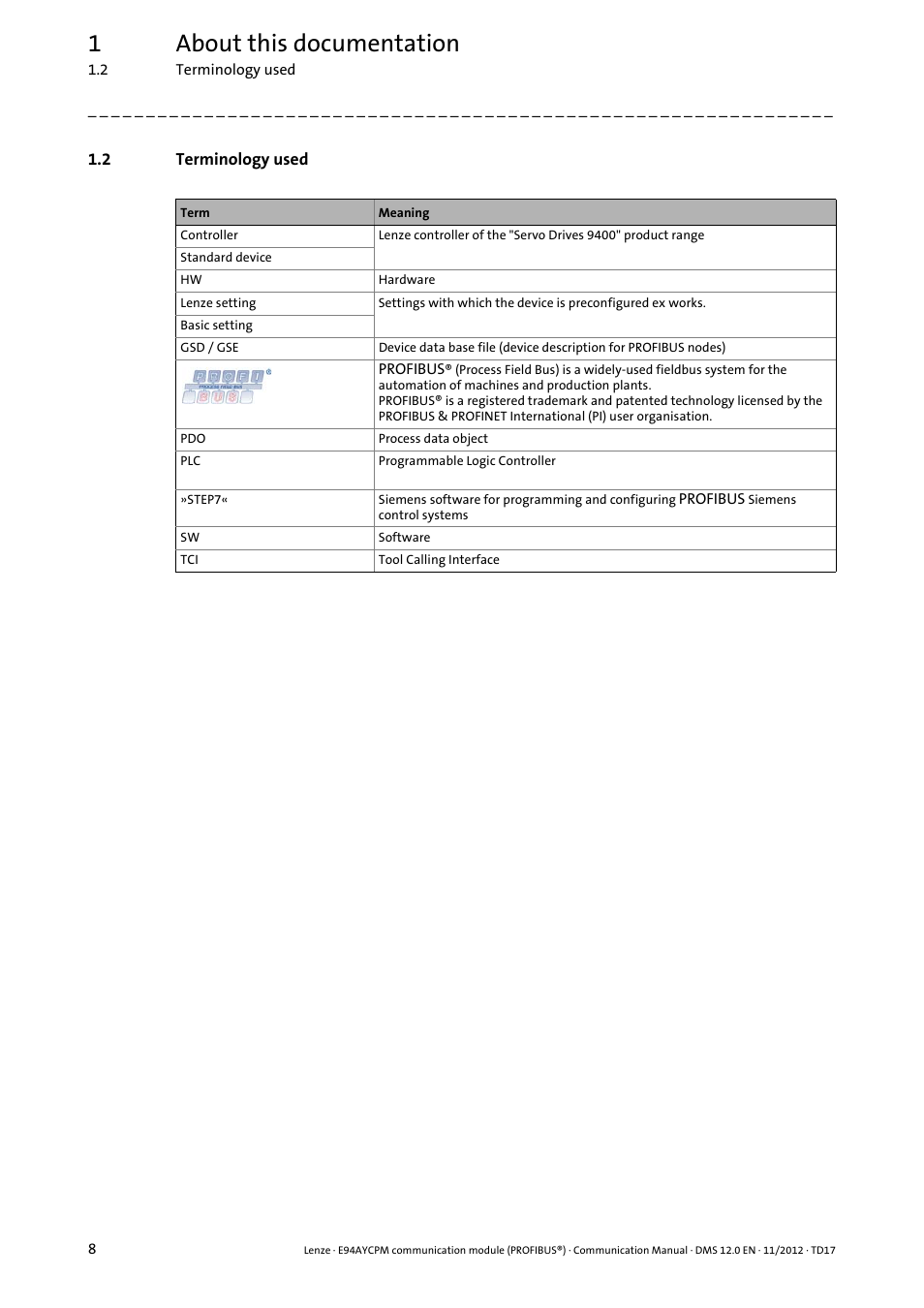 2 terminology used, Terminology used, 1about this documentation | Lenze E94AYCPM User Manual | Page 8 / 125