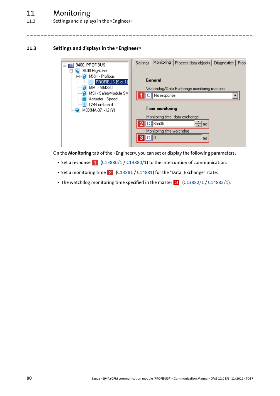 3 settings and displays in the »engineer, Settings and displays in the »engineer, 11 monitoring | Lenze E94AYCPM User Manual | Page 80 / 125