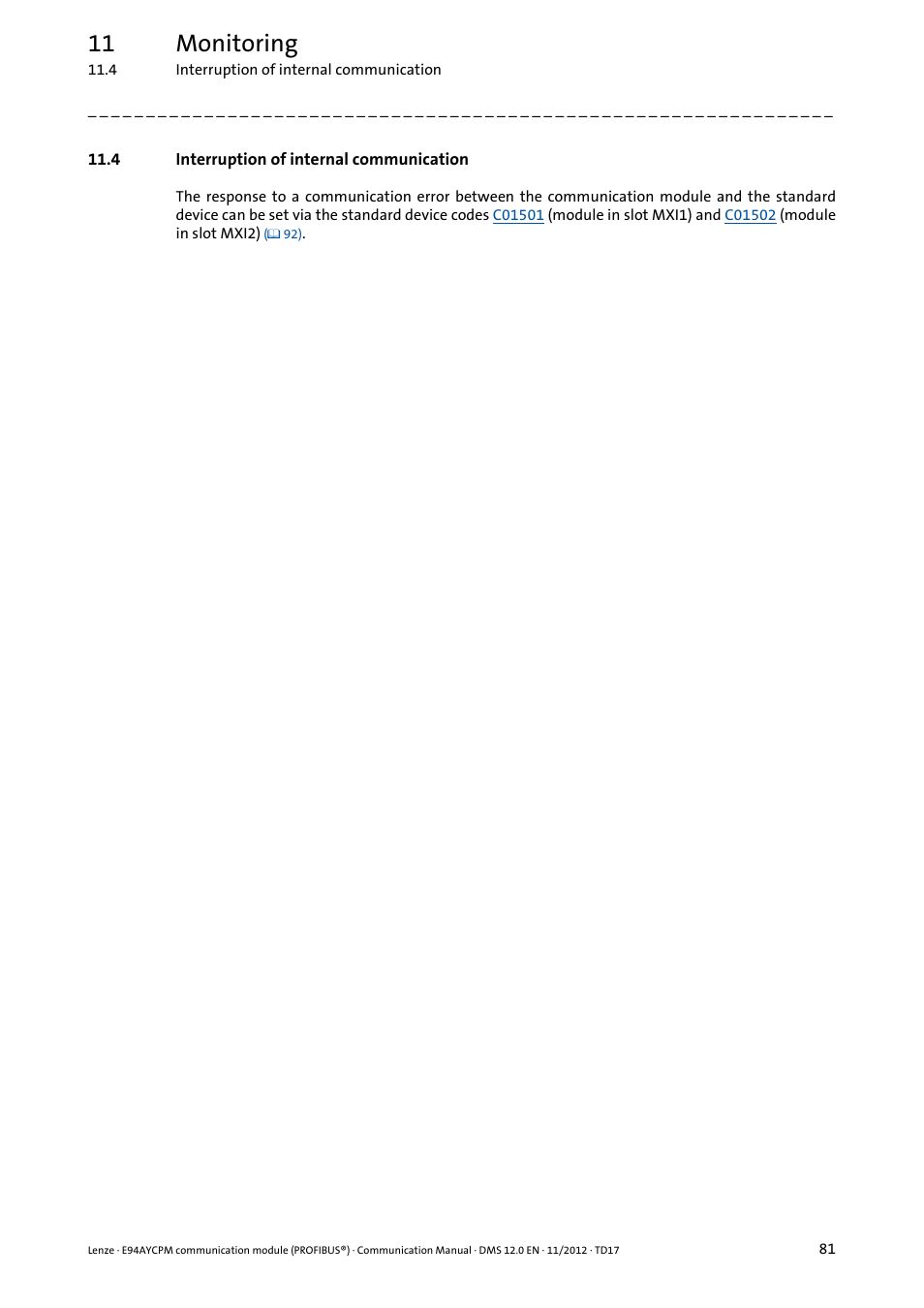4 interruption of internal communication, 11 monitoring | Lenze E94AYCPM User Manual | Page 81 / 125