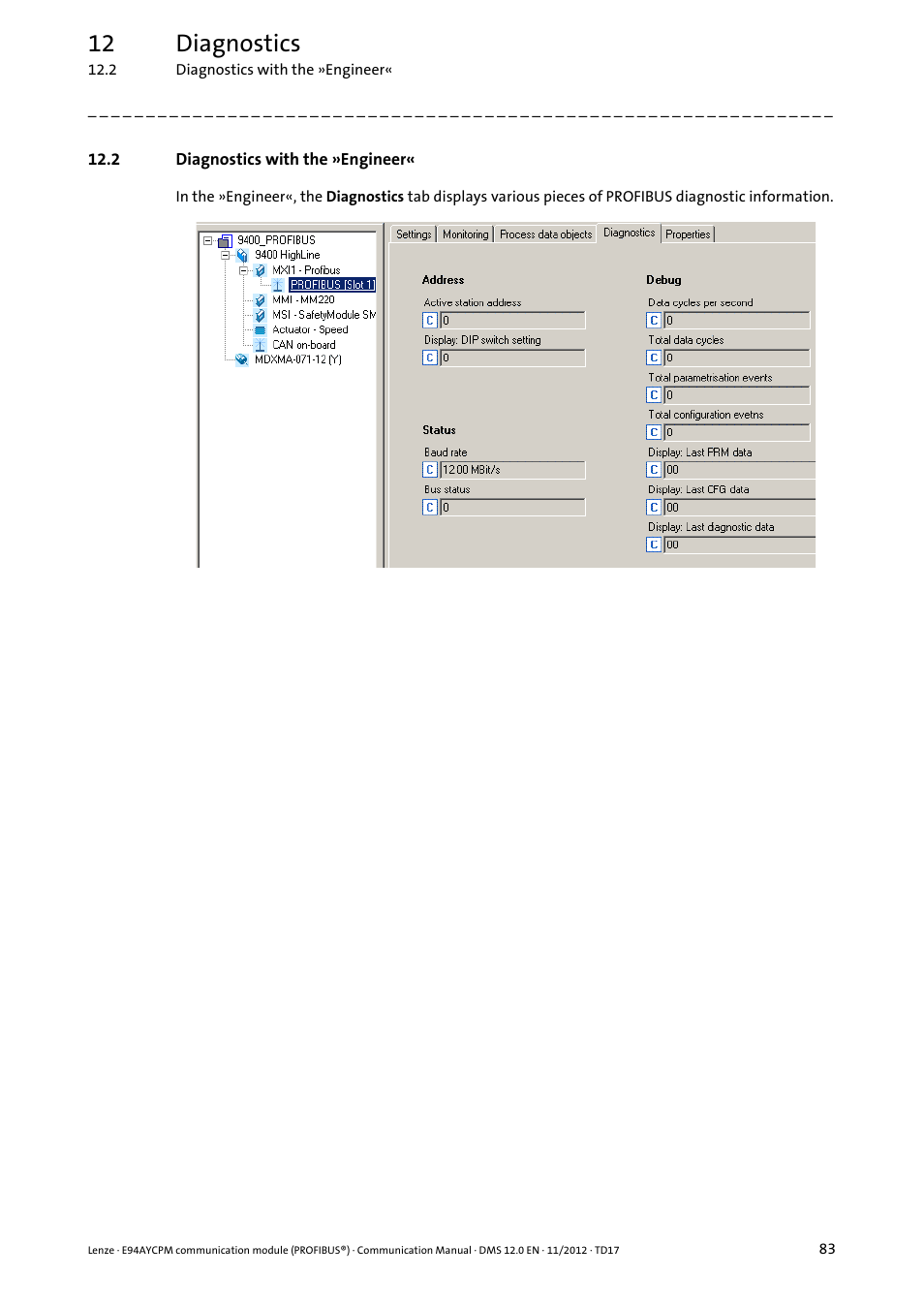 2 diagnostics with the »engineer, 12 diagnostics | Lenze E94AYCPM User Manual | Page 83 / 125