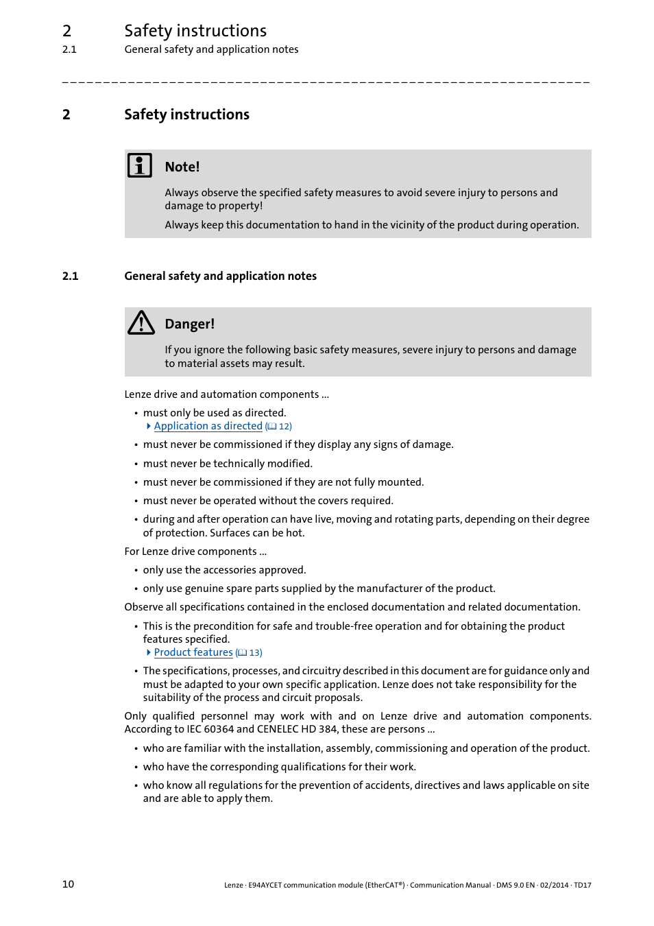 2 safety instructions, 1 general safety and application notes, Safety instructions | General safety and application notes, 2safety instructions | Lenze E94AYCET User Manual | Page 10 / 140