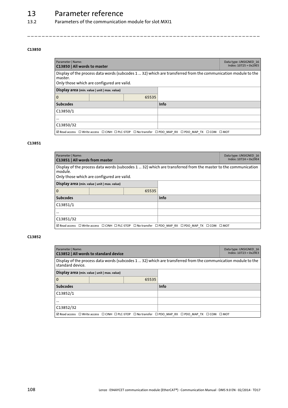 C13850 | all words to master, C13851 | all words from master, C13852 | all words to standard device | 13 parameter reference | Lenze E94AYCET User Manual | Page 108 / 140