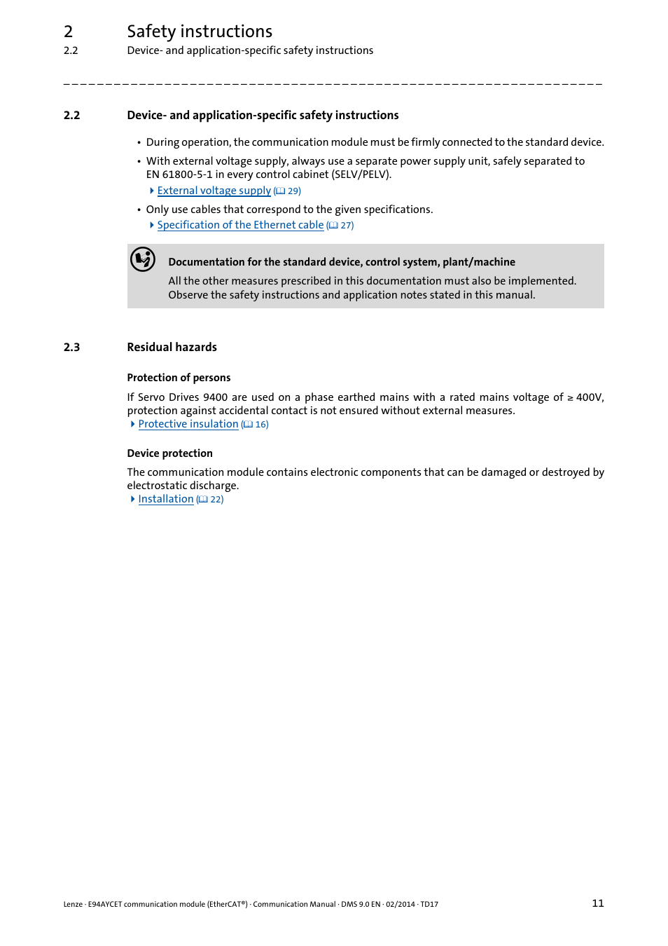 3 residual hazards, Residual hazards, 2safety instructions | Lenze E94AYCET User Manual | Page 11 / 140