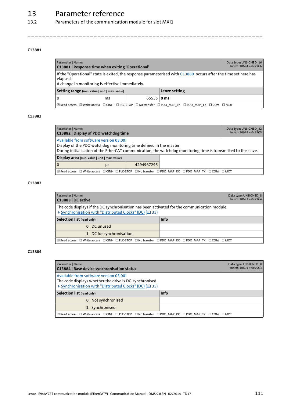 C13881 | response time when exiting 'operational, C13882 | display of pdo watchdog time, C13883 | dc active | C13884 | base device synchronisation status, C13883, C13884, Ster, C13882, C13881, Code | Lenze E94AYCET User Manual | Page 111 / 140