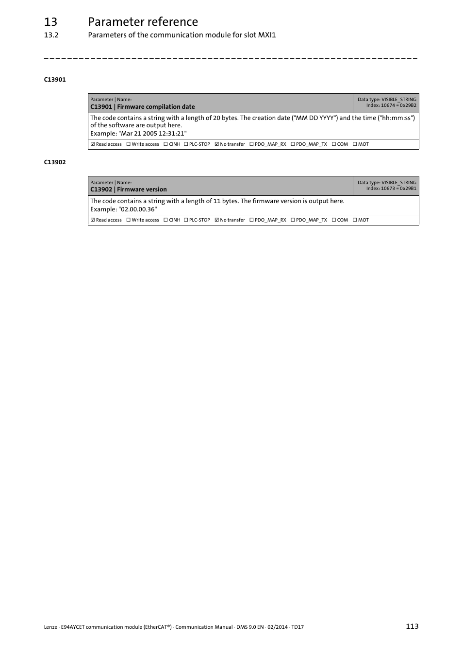 C13901 | firmware compilation date, C13902 | firmware version, 13 parameter reference | Lenze E94AYCET User Manual | Page 113 / 140