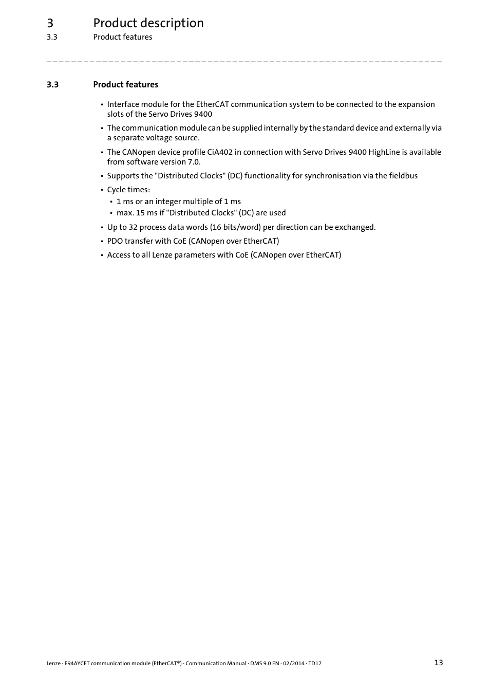 3 product features, Product features, 3product description | Lenze E94AYCET User Manual | Page 13 / 140