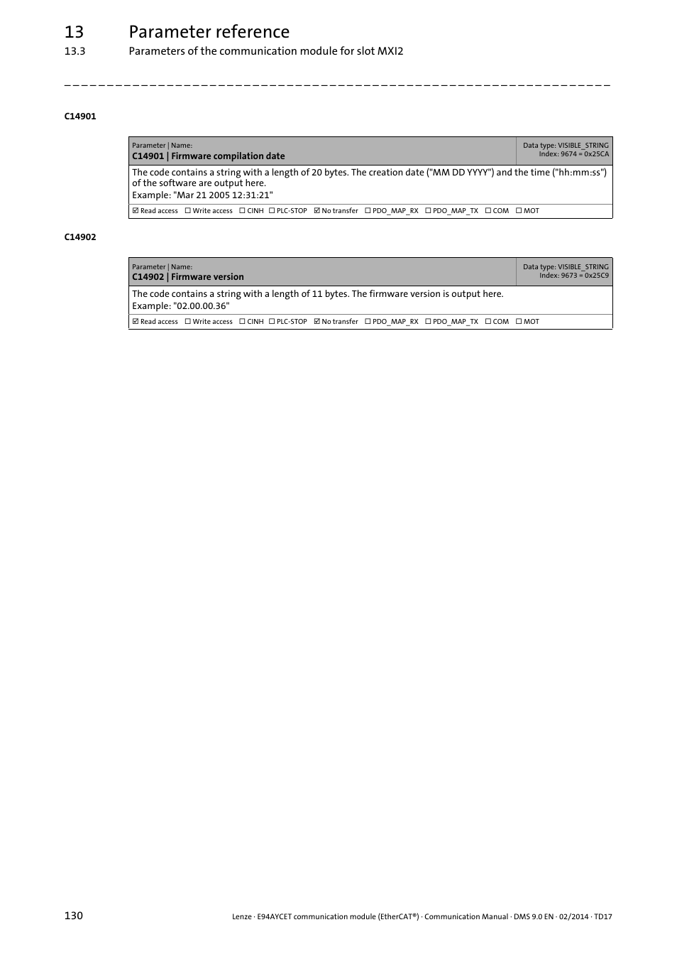 C14901 | firmware compilation date, C14902 | firmware version, 13 parameter reference | Lenze E94AYCET User Manual | Page 130 / 140