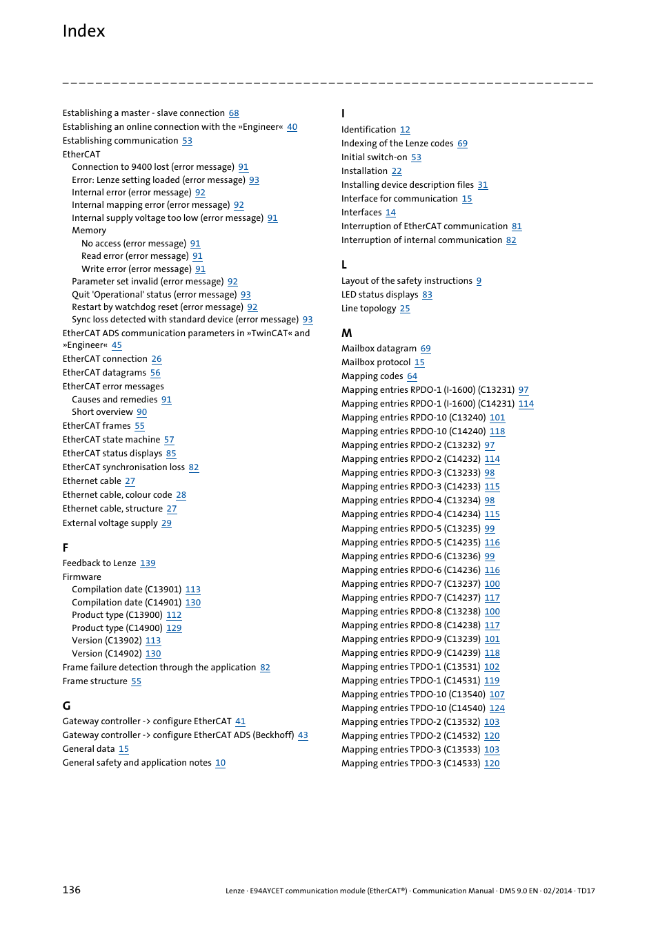 Index | Lenze E94AYCET User Manual | Page 136 / 140