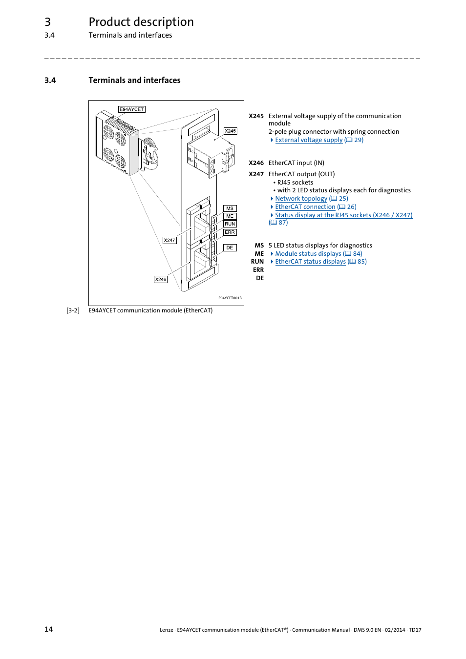 4 terminals and interfaces, Terminals and interfaces, 3product description | Lenze E94AYCET User Manual | Page 14 / 140