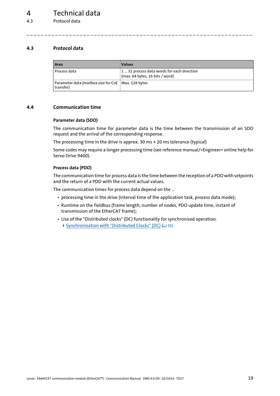 3 protocol data, 4 communication time, Protocol data | Communication time, 4technical data | Lenze E94AYCET User Manual | Page 19 / 140