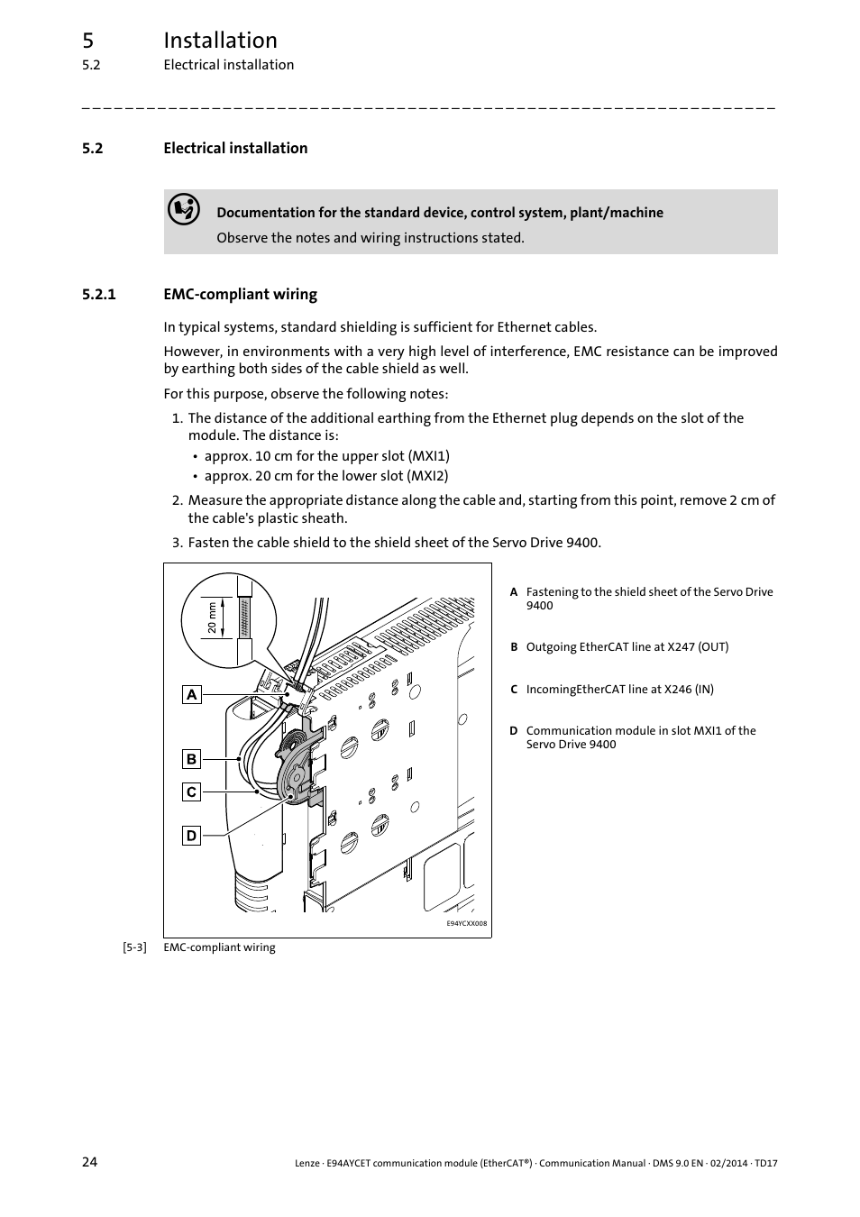 2 electrical installation, 1 emc-compliant wiring, Electrical installation | Emc-compliant wiring, 5installation | Lenze E94AYCET User Manual | Page 24 / 140