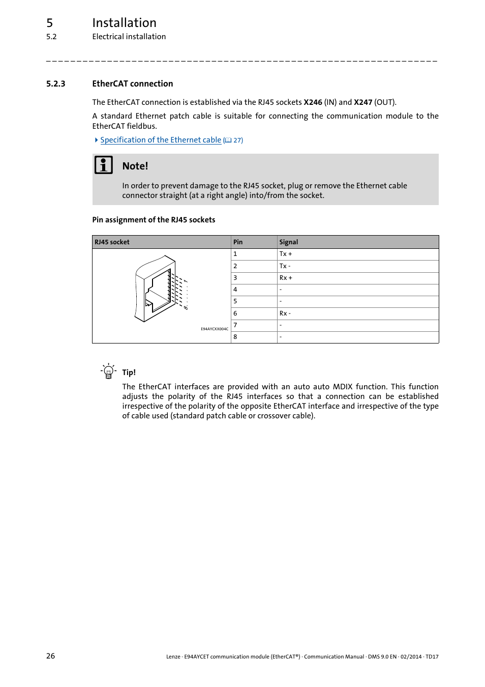 3 ethercat connection, Ethercat connection, Ethercat connection ( 26) | 5installation | Lenze E94AYCET User Manual | Page 26 / 140