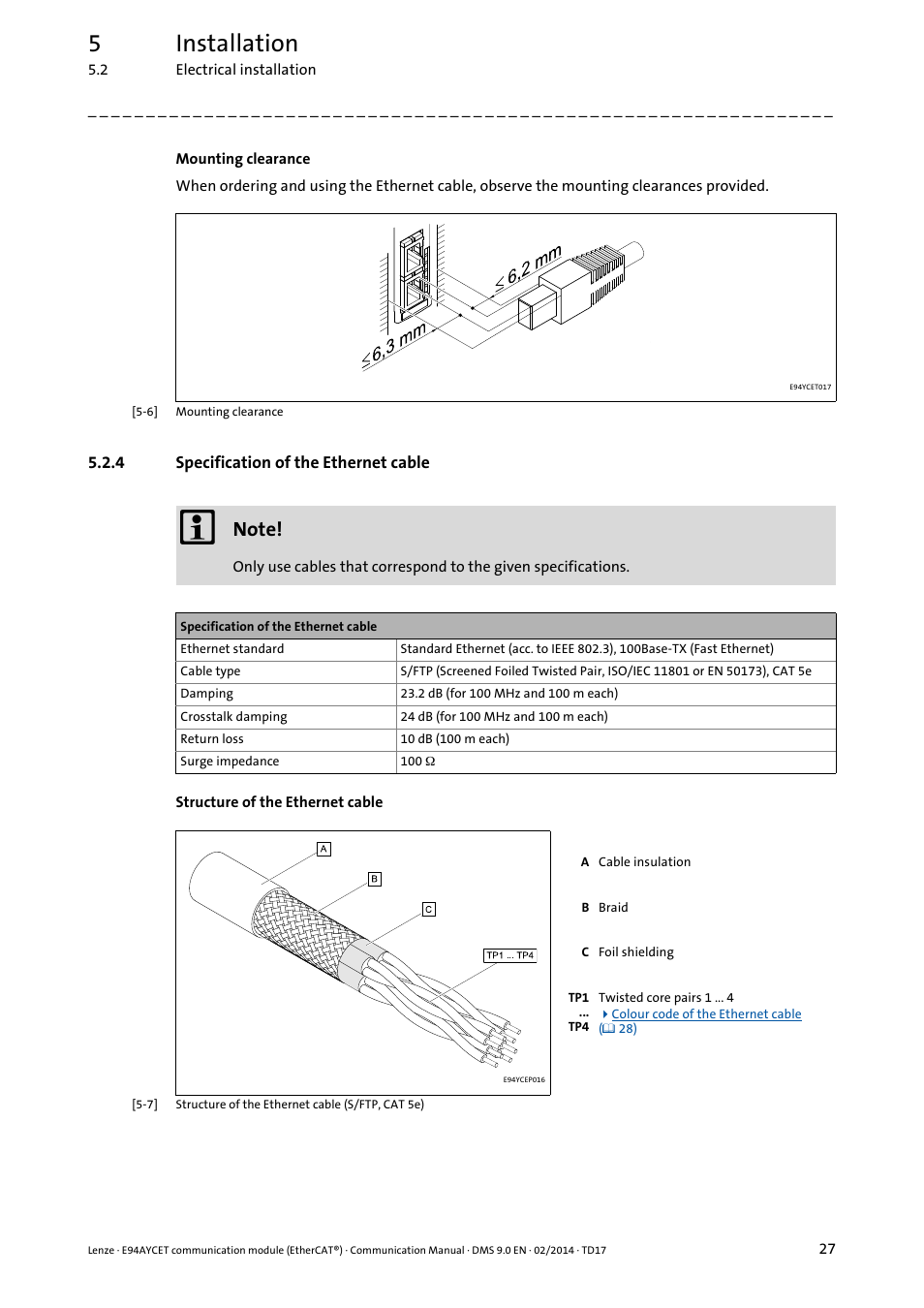 4 specification of the ethernet cable, Specification of the ethernet cable, 5installation | Lenze E94AYCET User Manual | Page 27 / 140