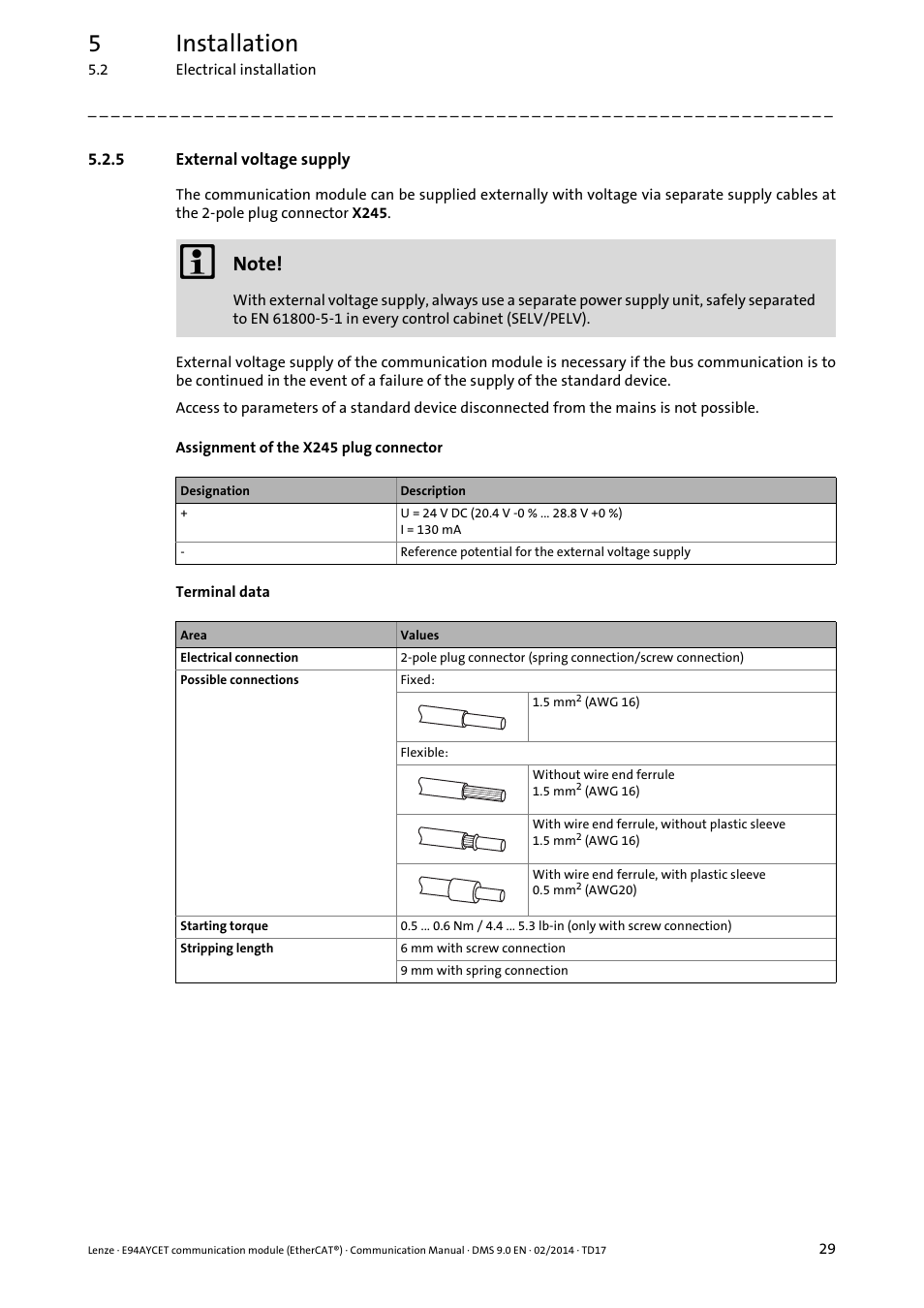 5 external voltage supply, External voltage supply, External voltage supply ( 29) | 5installation | Lenze E94AYCET User Manual | Page 29 / 140