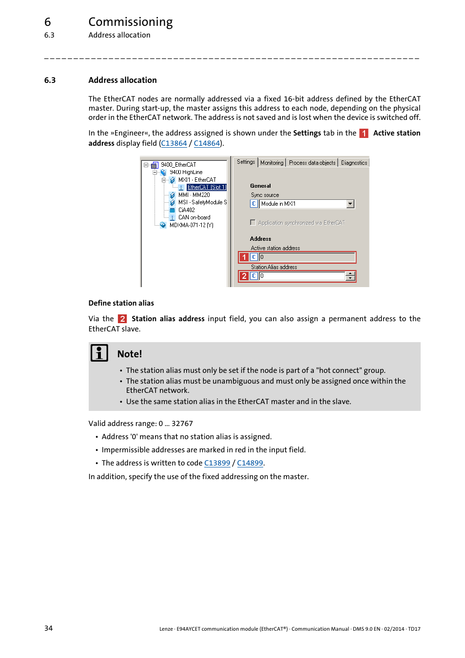 3 address allocation, Address allocation, 6commissioning | Lenze E94AYCET User Manual | Page 34 / 140