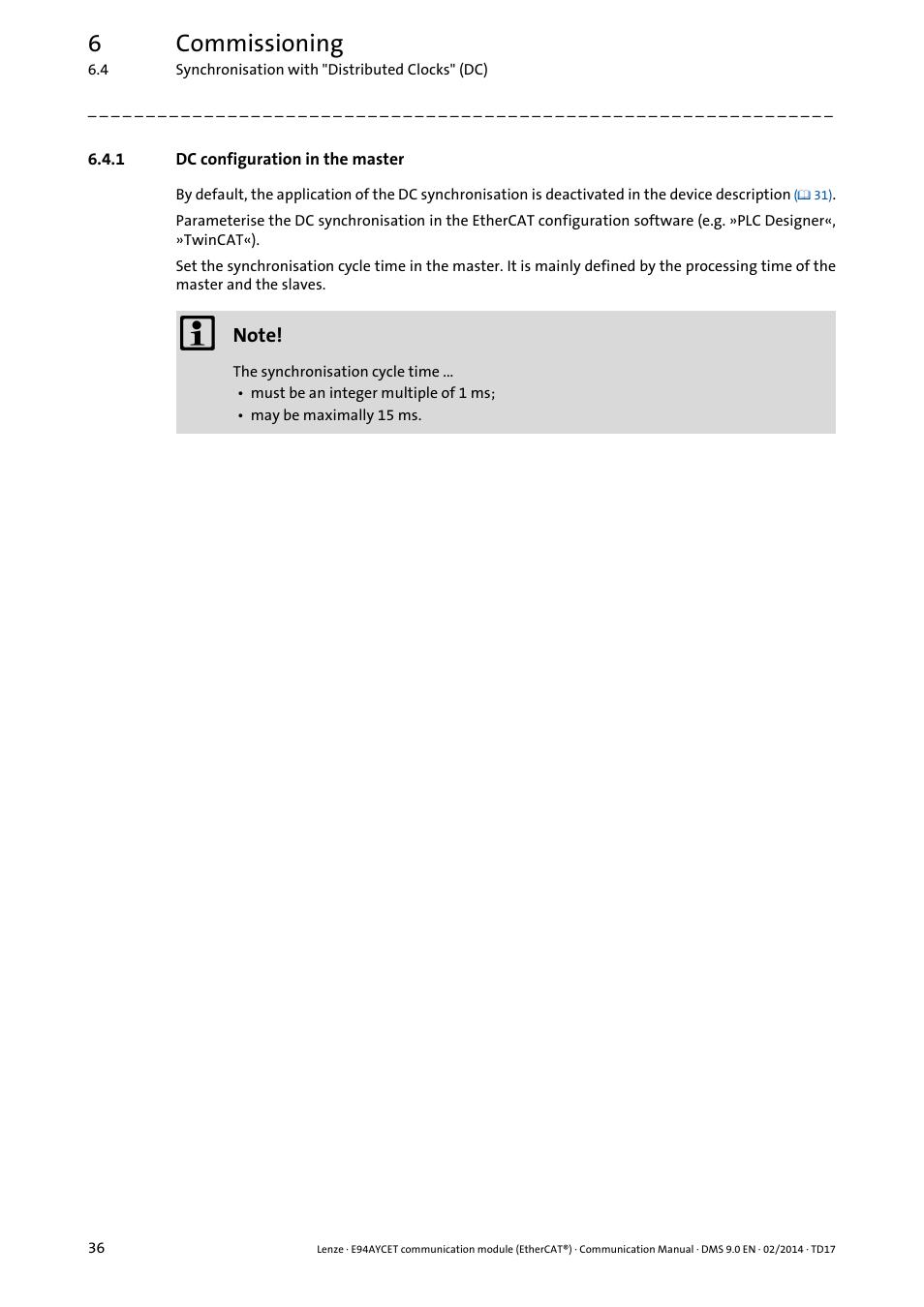 1 dc configuration in the master, Dc configuration in the master, 6commissioning | Lenze E94AYCET User Manual | Page 36 / 140