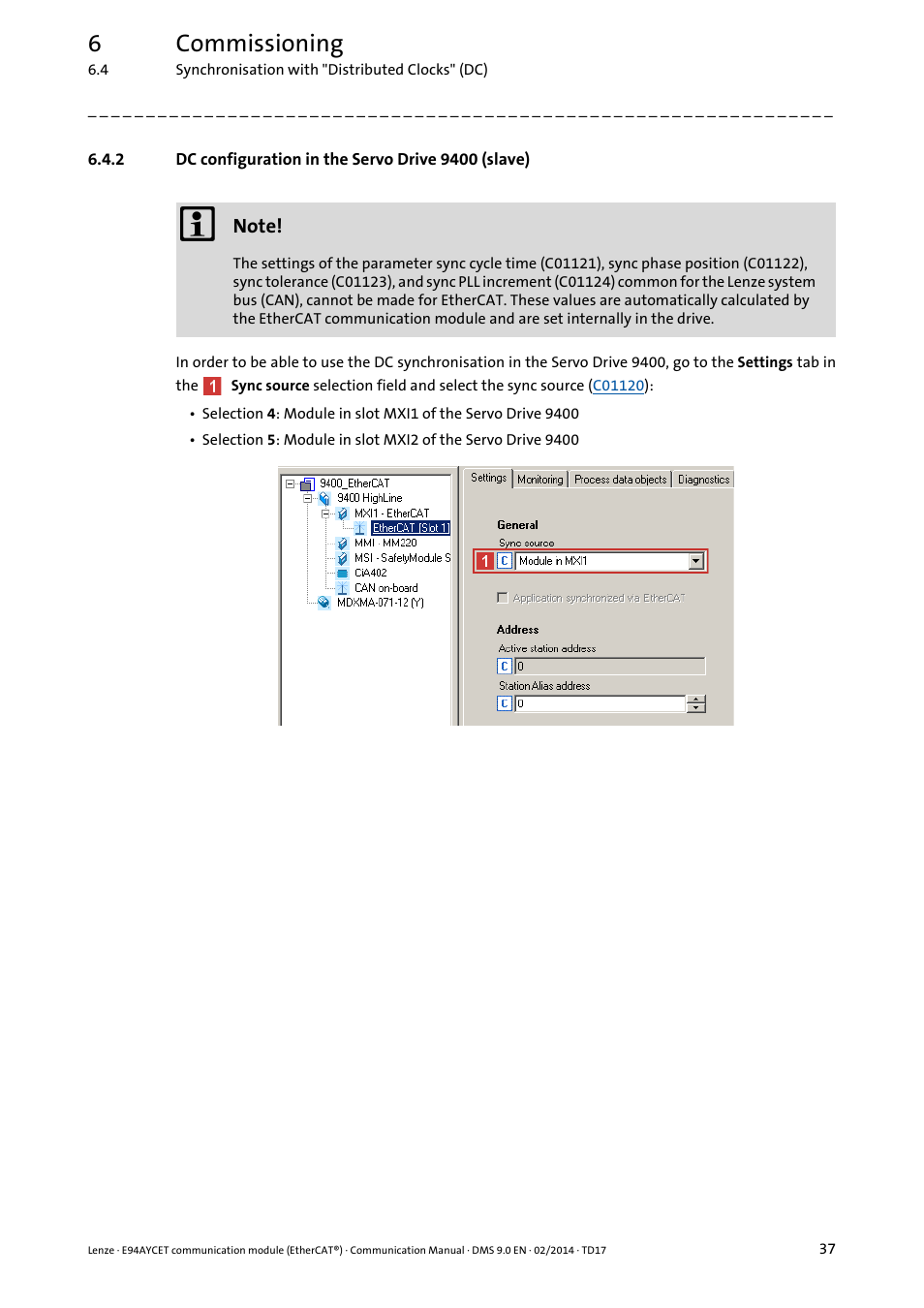 2 dc configuration in the servo drive 9400 (slave), Dc configuration in the servo drive 9400 (slave), 6commissioning | Lenze E94AYCET User Manual | Page 37 / 140