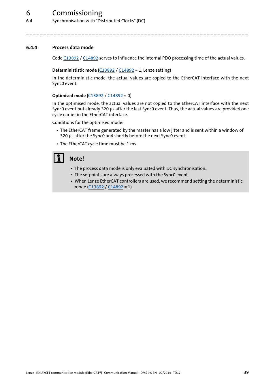 4 process data mode, Process data mode, 6commissioning | Lenze E94AYCET User Manual | Page 39 / 140