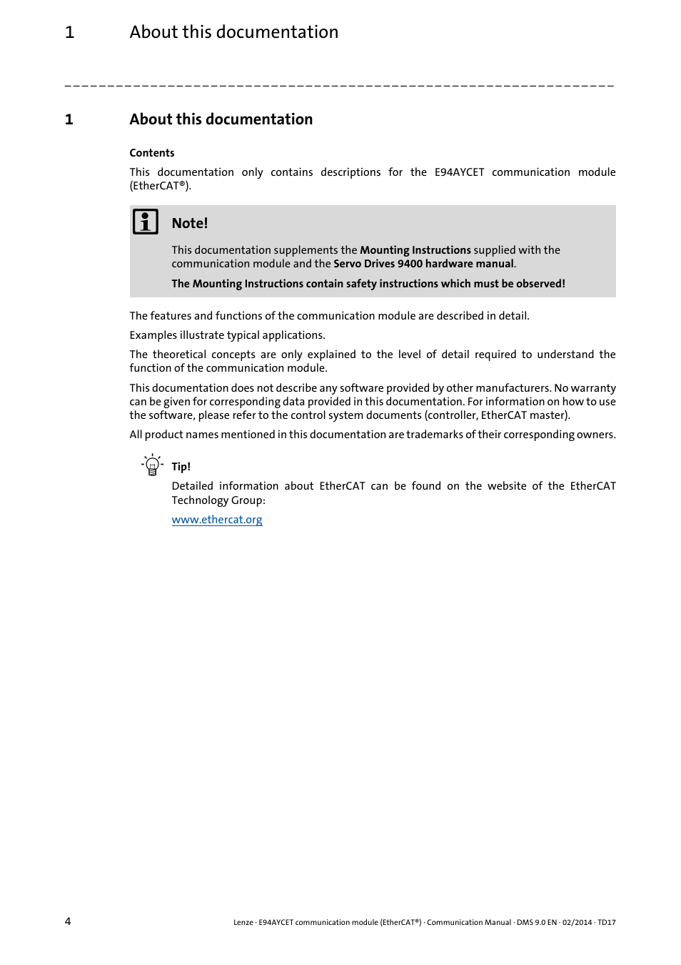 1 about this documentation, About this documentation, 1about this documentation | Lenze E94AYCET User Manual | Page 4 / 140