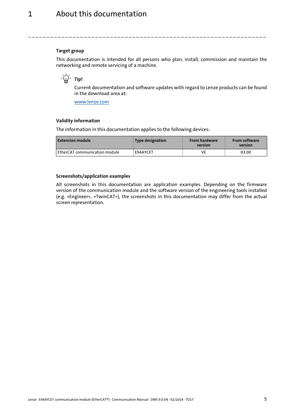 1about this documentation | Lenze E94AYCET User Manual | Page 5 / 140