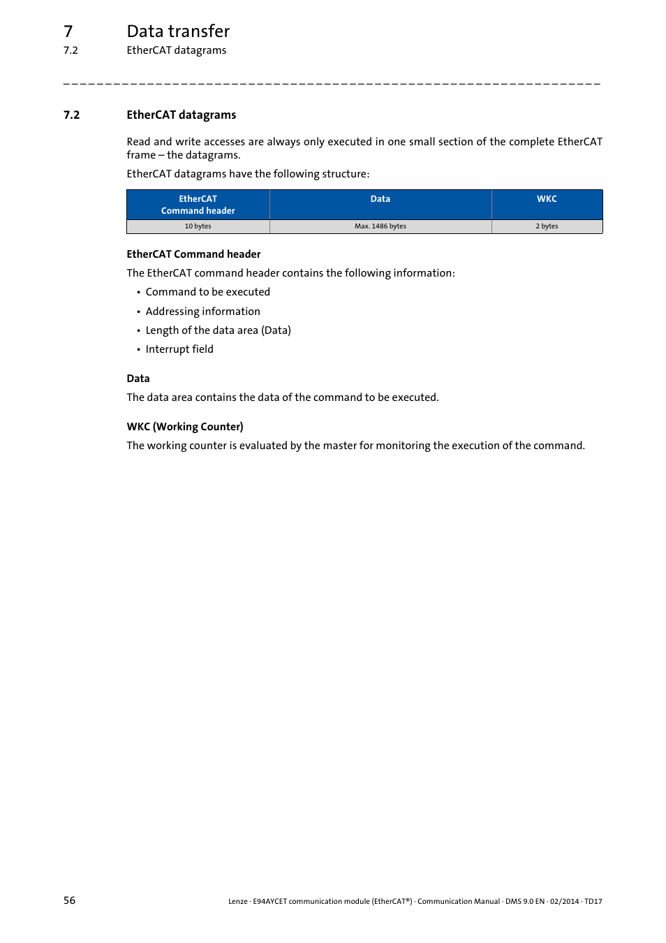 2 ethercat datagrams, Ethercat datagrams, 7data transfer | Lenze E94AYCET User Manual | Page 56 / 140