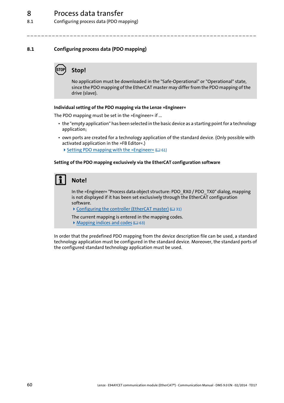 1 configuring process data (pdo mapping), Configuring process data (pdo mapping), 8process data transfer | Lenze E94AYCET User Manual | Page 60 / 140