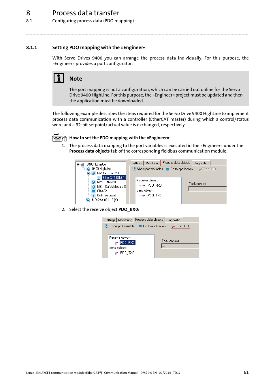 1 setting pdo mapping with the »engineer, Setting pdo mapping with the »engineer, 8process data transfer | Lenze E94AYCET User Manual | Page 61 / 140