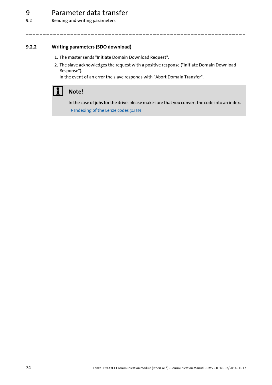 2 writing parameters (sdo download), Writing parameters (sdo download), 9parameter data transfer | Lenze E94AYCET User Manual | Page 74 / 140