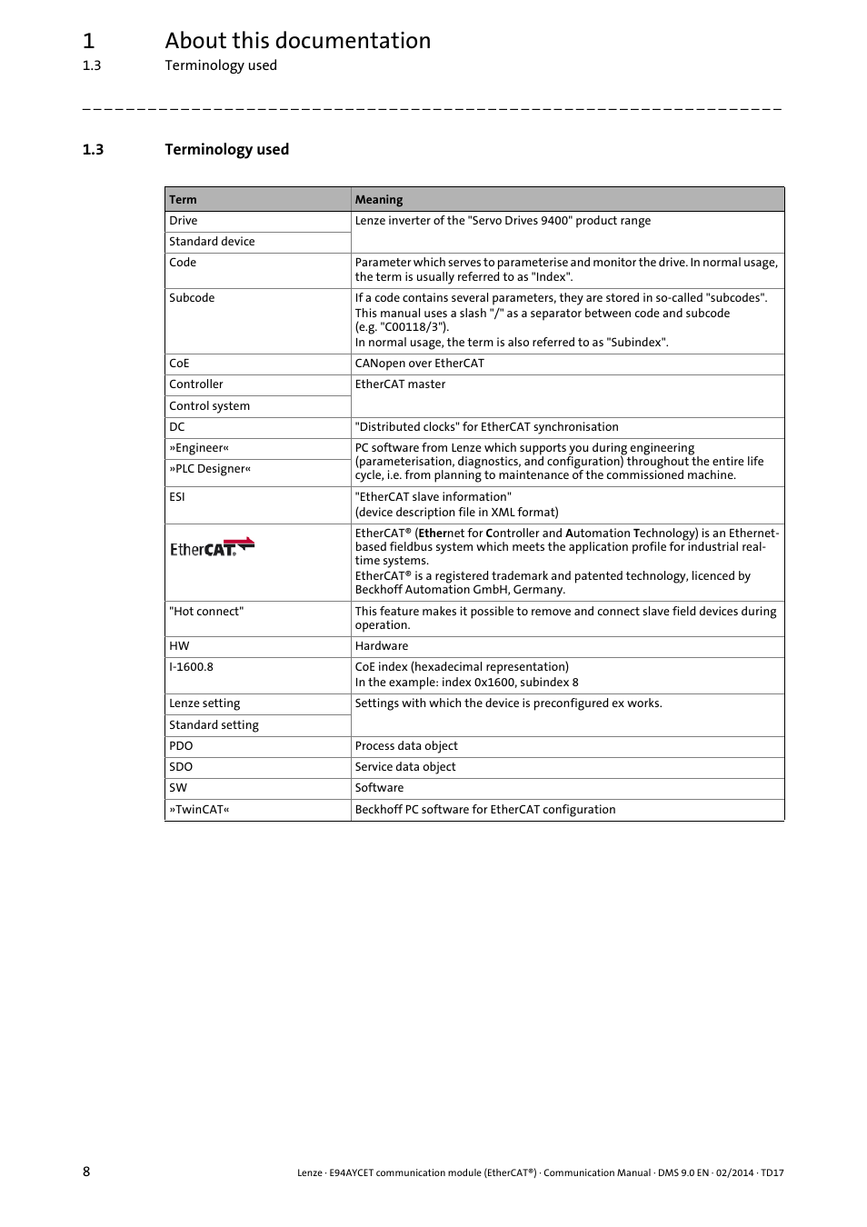 3 terminology used, Terminology used, 1about this documentation | Lenze E94AYCET User Manual | Page 8 / 140