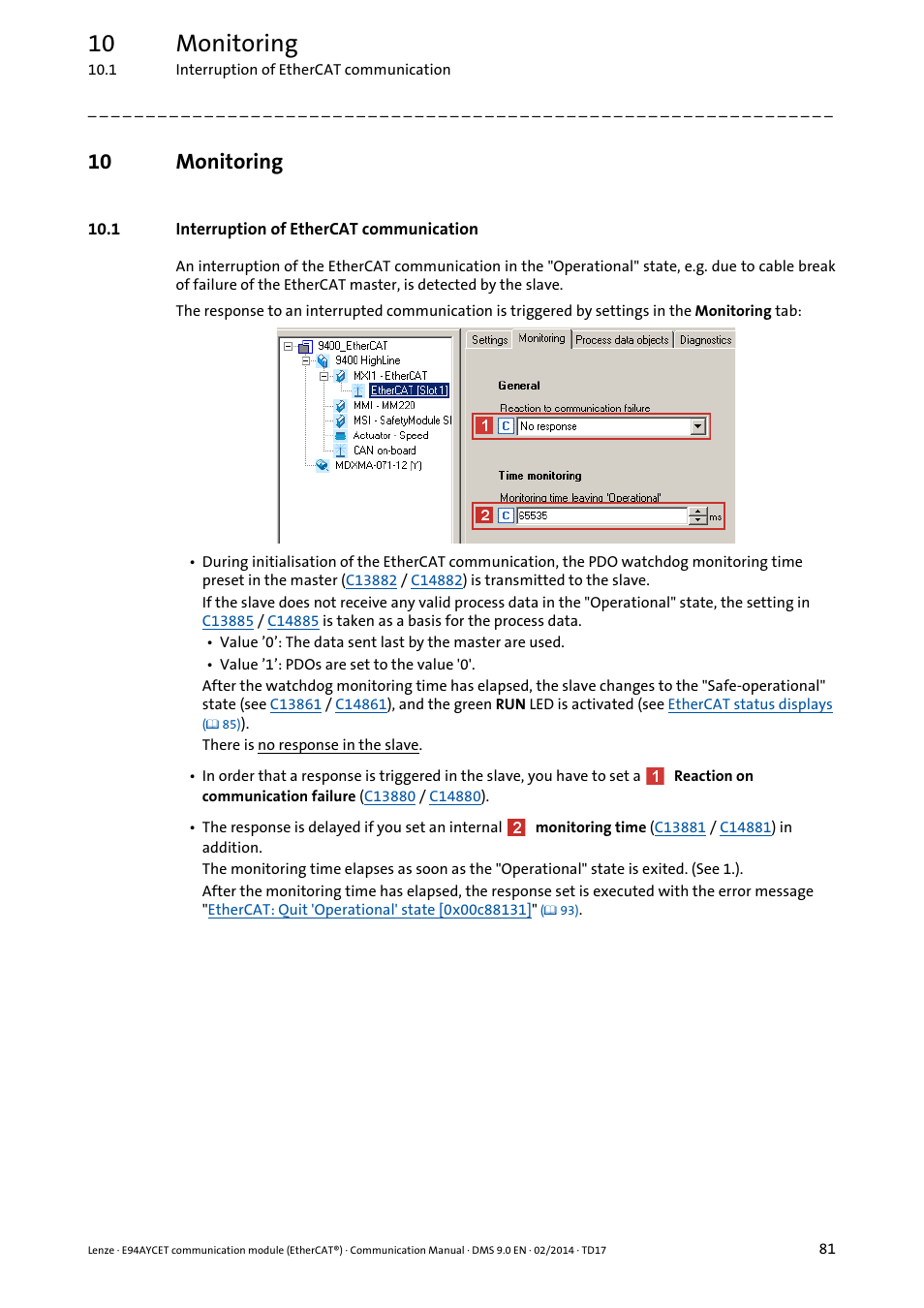 10 monitoring, 1 interruption of ethercat communication, Monitoring | Lenze E94AYCET User Manual | Page 81 / 140