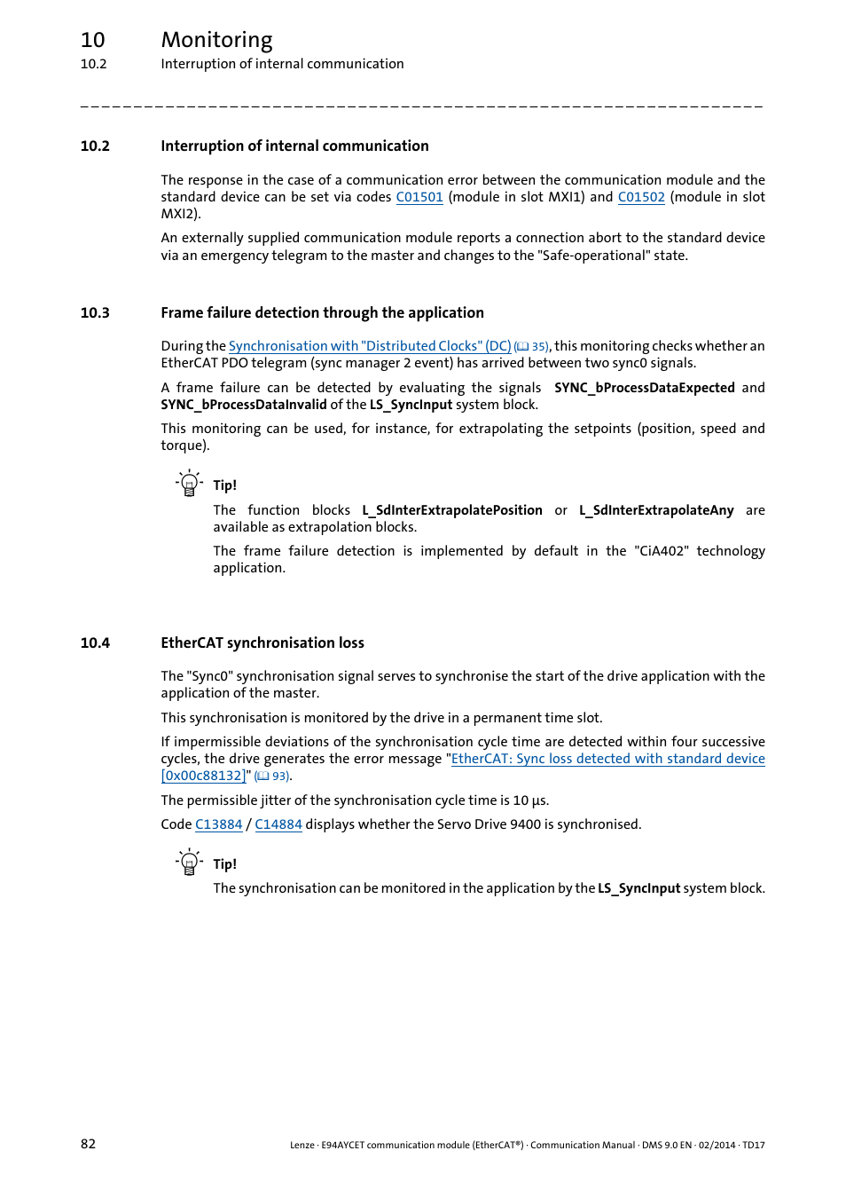 2 interruption of internal communication, 3 frame failure detection through the application, 4 ethercat synchronisation loss | 10 monitoring | Lenze E94AYCET User Manual | Page 82 / 140