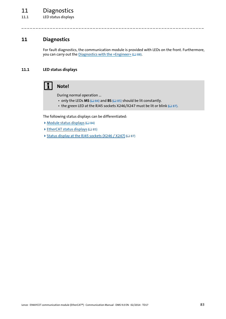 11 diagnostics, 1 led status displays, Diagnostics | Lenze E94AYCET User Manual | Page 83 / 140