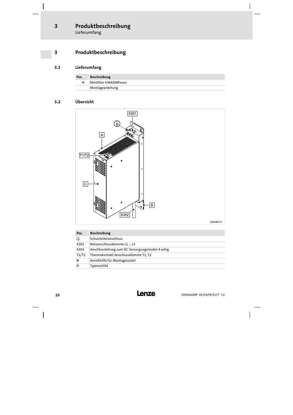 3 produktbeschreibung, 1 lieferumfang, 2 übersicht | Produktbeschreibung, Lieferumfang, Übersicht, 3produktbeschreibung | Lenze E94AZMP User Manual | Page 10 / 136